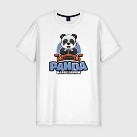 Мужская футболка хлопок Slim с принтом Panda   Happy driver , 92% хлопок, 8% лайкра | приталенный силуэт, круглый вырез ворота, длина до линии бедра, короткий рукав | Тематика изображения на принте: car | driver | panda | smile | автомобиль | водитель | панда | улыбка