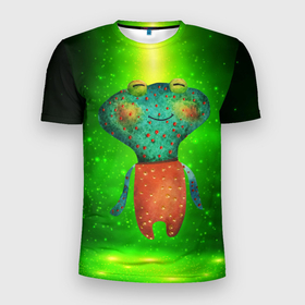 Мужская футболка 3D Slim с принтом Лягушка головастик в Белгороде, 100% полиэстер с улучшенными характеристиками | приталенный силуэт, круглая горловина, широкие плечи, сужается к линии бедра | головастик | зеленый головастик | лягушка | лягушонок | человечек