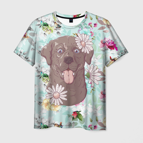 Мужская футболка 3D с принтом Собака в ромашках в Курске, 100% полиэфир | прямой крой, круглый вырез горловины, длина до линии бедер | Тематика изображения на принте: милая | пес | ромашка | собака | собачка | цветочек