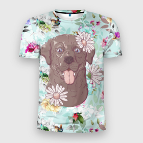 Мужская футболка 3D Slim с принтом Собака в ромашках в Курске, 100% полиэстер с улучшенными характеристиками | приталенный силуэт, круглая горловина, широкие плечи, сужается к линии бедра | Тематика изображения на принте: милая | пес | ромашка | собака | собачка | цветочек