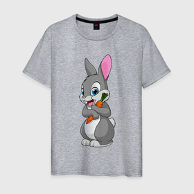 Мужская футболка хлопок с принтом Зайчик с морковкой в Тюмени, 100% хлопок | прямой крой, круглый вырез горловины, длина до линии бедер, слегка спущенное плечо. | Тематика изображения на принте: carrot | ears | hare | muzzle | paws | rabbit | smile | tail | teeth | tongue | заяц | зубы | кролик | лапы | мордочка | морковь | улыбка | уши | хвост | язык