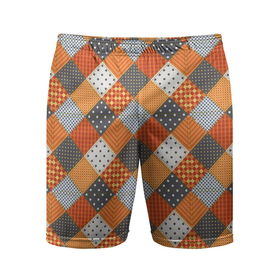 Мужские шорты спортивные с принтом Имитация полотна из лоскутков в Тюмени,  |  | Тематика изображения на принте: геометрия | крапинки | лоскутки | оранжевый | пэчворк | серый | сшитые кусочки | точки