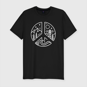 Мужская футболка хлопок Slim с принтом Туристический Мир в Курске, 92% хлопок, 8% лайкра | приталенный силуэт, круглый вырез ворота, длина до линии бедра, короткий рукав | кемпинг | мир | мирный | ночевка | палатка | пейзаж | рай | турист | туристический