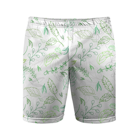 Мужские шорты спортивные с принтом Хаос из зелёных веток и листьев в Тюмени,  |  | веточки | листья | растительный узор | растительный хаос | узор из листьев