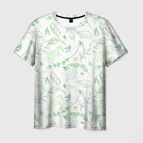 Мужская футболка 3D с принтом Хаос из зелёных веток и листьев , 100% полиэфир | прямой крой, круглый вырез горловины, длина до линии бедер | Тематика изображения на принте: веточки | листья | растительный узор | растительный хаос | узор из листьев