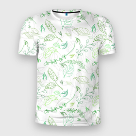 Мужская футболка 3D Slim с принтом Хаос из зелёных веток и листьев , 100% полиэстер с улучшенными характеристиками | приталенный силуэт, круглая горловина, широкие плечи, сужается к линии бедра | Тематика изображения на принте: веточки | листья | растительный узор | растительный хаос | узор из листьев