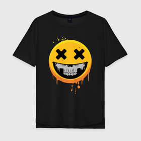 Мужская футболка хлопок Oversize с принтом Смайлик   улыбка смерти в Белгороде, 100% хлопок | свободный крой, круглый ворот, “спинка” длиннее передней части | drops | flows | hellish | scary smiley | skull | smile | splashes | адская | брызги | капли | смайлик страшный | течет | улыбка | череп