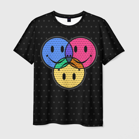 Мужская футболка 3D с принтом Three emoticons  три смайлика. в Курске, 100% полиэфир | прямой крой, круглый вырез горловины, длина до линии бедер | colored | colorful | dots | emoticons | filters | raster | smile | three | разноцветные | растр | смайлики | точки | три | улыбка | фильтры | цветные