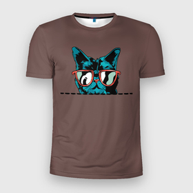 Мужская футболка 3D Slim с принтом Стильный кот в очках в Белгороде, 100% полиэстер с улучшенными характеристиками | приталенный силуэт, круглая горловина, широкие плечи, сужается к линии бедра | blue | cat | kitty | в | выглядывает | голова | кот | кота | котенок | кошка | нарисованная | очках | очки | синяя | солнцезащитные | стильный