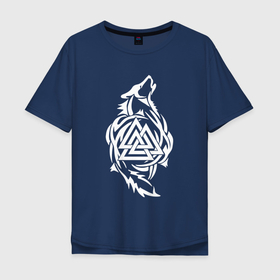 Мужская футболка хлопок Oversize с принтом Валькнут и Волк в Санкт-Петербурге, 100% хлопок | свободный крой, круглый ворот, “спинка” длиннее передней части | бог один | валькнут | единство | магический | оберег | талисман | три треугольника
