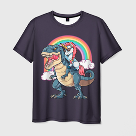 Мужская футболка 3D с принтом Модный Единорог На Динозавре в Курске, 100% полиэфир | прямой крой, круглый вырез горловины, длина до линии бедер | claws | colors | dinosaur | fangs | fashionable | hip | hippie | on | rainbow | rainbows | rex | rider | strands | unicorn | динозавр | динозавре | единорог | клыки | когти | косички | косы | модный | на | наездник | облака | пряди | радуга | радуги | рек
