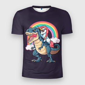 Мужская футболка 3D Slim с принтом Модный Единорог На Динозавре в Курске, 100% полиэстер с улучшенными характеристиками | приталенный силуэт, круглая горловина, широкие плечи, сужается к линии бедра | claws | colors | dinosaur | fangs | fashionable | hip | hippie | on | rainbow | rainbows | rex | rider | strands | unicorn | динозавр | динозавре | единорог | клыки | когти | косички | косы | модный | на | наездник | облака | пряди | радуга | радуги | рек