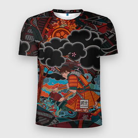 Мужская футболка 3D Slim с принтом Последняя сакура в Петрозаводске, 100% полиэстер с улучшенными характеристиками | приталенный силуэт, круглая горловина, широкие плечи, сужается к линии бедра | japan | samurai | графика | сакура | самурай | стиль | япония