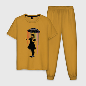 Мужская пижама хлопок с принтом BANKSY | БЭНКСИ девушка под зонтом в Кировске, 100% хлопок | брюки и футболка прямого кроя, без карманов, на брюках мягкая резинка на поясе и по низу штанин
 | banksy | арт | бенкси | бэнкси | граффити | девочка | девушка | зонт | зонтик | картина | под зонтом | роберт | робин бэнкс | робин ганнингхем | стрит арт | творчество | художник
