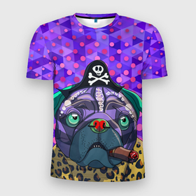 Мужская футболка 3D Slim с принтом Pirate Dog в Новосибирске, 100% полиэстер с улучшенными характеристиками | приталенный силуэт, круглая горловина, широкие плечи, сужается к линии бедра | animal | art | bulldog | cigar | cool | dog | great dane | head | lilac | novelty | pirate | purple | top | trend | арт | бульдог | голова | дог | животное | новинка | пират | прикольная | сиреневый | собака | топ | тренд | фиолетовый