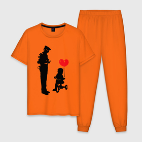 Мужская пижама хлопок с принтом Banksy ребенок на велосипеде в Петрозаводске, 100% хлопок | брюки и футболка прямого кроя, без карманов, на брюках мягкая резинка на поясе и по низу штанин
 | Тематика изображения на принте: banksy | арт | бенкси | бэнкси | велосипед | граффити | картина | ребенок | роберт | робин бэнкс | робин ганнингхем | стрит арт | творчество | художник