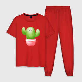 Мужская пижама хлопок с принтом Маленький кактус в Тюмени, 100% хлопок | брюки и футболка прямого кроя, без карманов, на брюках мягкая резинка на поясе и по низу штанин
 | зелень | кактус | кактусенок | колючий | колючки | цветок