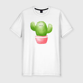 Мужская футболка хлопок Slim с принтом Маленький кактус в Тюмени, 92% хлопок, 8% лайкра | приталенный силуэт, круглый вырез ворота, длина до линии бедра, короткий рукав | зелень | кактус | кактусенок | колючий | колючки | цветок