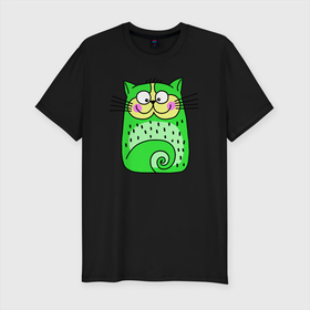 Мужская футболка хлопок Slim с принтом Прикольный зеленый кот в Кировске, 92% хлопок, 8% лайкра | приталенный силуэт, круглый вырез ворота, длина до линии бедра, короткий рукав | зеленый | зеленый кот | кот | котенок | котик | кошка