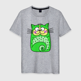 Мужская футболка хлопок с принтом Прикольный зеленый кот в Новосибирске, 100% хлопок | прямой крой, круглый вырез горловины, длина до линии бедер, слегка спущенное плечо. | зеленый | зеленый кот | кот | котенок | котик | кошка