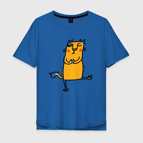 Мужская футболка хлопок Oversize с принтом серьезный кот занимается йогой в Петрозаводске, 100% хлопок | свободный крой, круглый ворот, “спинка” длиннее передней части | йог | йога | кот йога | котенок | котик | кошка | рыжий кот | спокойствие