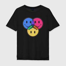 Мужская футболка хлопок Oversize с принтом Three emoticons  три смайлика в Курске, 100% хлопок | свободный крой, круглый ворот, “спинка” длиннее передней части | colored | colorful | dots | emoticons | filters | raster | smile | three | разноцветные | растр | смайлики | точки | три | улыбка | фильтры | цветные
