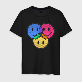 Мужская футболка хлопок с принтом Three emoticons  три смайлика в Петрозаводске, 100% хлопок | прямой крой, круглый вырез горловины, длина до линии бедер, слегка спущенное плечо. | colored | colorful | dots | emoticons | filters | raster | smile | three | разноцветные | растр | смайлики | точки | три | улыбка | фильтры | цветные