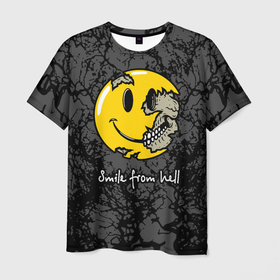 Мужская футболка 3D с принтом Smile from hell в Курске, 100% полиэфир | прямой крой, круглый вырез горловины, длина до линии бедер | death | from hell | skull | smile | smiley torn | из ада | смайлик разорванный | улыбка | череп