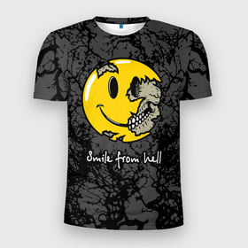 Мужская футболка 3D Slim с принтом Smile from hell в Белгороде, 100% полиэстер с улучшенными характеристиками | приталенный силуэт, круглая горловина, широкие плечи, сужается к линии бедра | death | from hell | skull | smile | smiley torn | из ада | смайлик разорванный | улыбка | череп