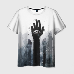 Мужская футболка 3D с принтом рука   глаз в Санкт-Петербурге, 100% полиэфир | прямой крой, круглый вырез горловины, длина до линии бедер | арт | глаз | глаза | голос | голосуем | за | знак | зомби | мы за | необычные | око | рука | руки | рукиверх | руны | символ | символика | топ | хоррор | чб | черно белое