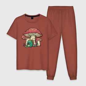 Мужская пижама хлопок с принтом грибной дом и вязание лягушки в Новосибирске, 100% хлопок | брюки и футболка прямого кроя, без карманов, на брюках мягкая резинка на поясе и по низу штанин
 | animal | frog | funny | mushroom | вязание | гриб | дом | жаба | книги | лягушка