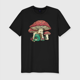 Мужская футболка хлопок Slim с принтом грибной дом и вязание лягушки в Санкт-Петербурге, 92% хлопок, 8% лайкра | приталенный силуэт, круглый вырез ворота, длина до линии бедра, короткий рукав | animal | frog | funny | mushroom | вязание | гриб | дом | жаба | книги | лягушка