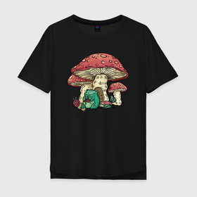 Мужская футболка хлопок Oversize с принтом грибной дом и вязание лягушки , 100% хлопок | свободный крой, круглый ворот, “спинка” длиннее передней части | animal | frog | funny | mushroom | вязание | гриб | дом | жаба | книги | лягушка