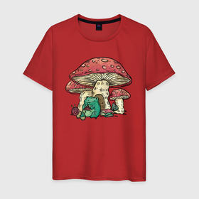 Мужская футболка хлопок с принтом грибной дом и вязание лягушки в Новосибирске, 100% хлопок | прямой крой, круглый вырез горловины, длина до линии бедер, слегка спущенное плечо. | animal | frog | funny | mushroom | вязание | гриб | дом | жаба | книги | лягушка