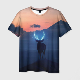 Мужская футболка 3D с принтом Олень с неоновыми рогами в Тюмени, 100% полиэфир | прямой крой, круглый вырез горловины, длина до линии бедер | весна | весну | вулкан | голубая | контур | лес | лето | минимализм | на каждый день | небо | неоно | неоновая | неоновый | облака | образ | очертание | пейзаж | птички | рисунок | силуэт северного оленя