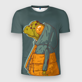 Мужская футболка 3D Slim с принтом Модная лягуха в куртке в Тюмени, 100% полиэстер с улучшенными характеристиками | приталенный силуэт, круглая горловина, широкие плечи, сужается к линии бедра | frog | жаба | животное | лягуха | лягушка | модный