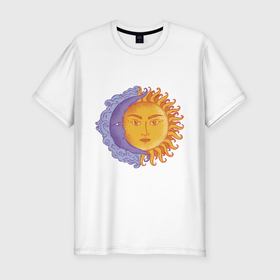 Мужская футболка хлопок Slim с принтом солнца и луна с лицами в Екатеринбурге, 92% хлопок, 8% лайкра | приталенный силуэт, круглый вырез ворота, длина до линии бедра, короткий рукав | moon | sun | двухликий | звёзды | луна | небо | солнце