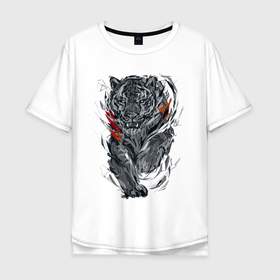 Мужская футболка хлопок Oversize с принтом Cool tiger   Power в Новосибирске, 100% хлопок | свободный крой, круглый ворот, “спинка” длиннее передней части | ears | eyes | fangs | muzzle | paws | power | tiger | глаза | клыки | лапы | мощь | тигр | уши