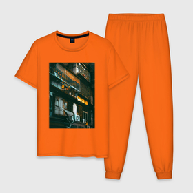 Мужская пижама хлопок с принтом Многоэтажка В Японии в Кировске, 100% хлопок | брюки и футболка прямого кроя, без карманов, на брюках мягкая резинка на поясе и по низу штанин
 | japan | дом | многоэтажка | модные | хайп | шмот | япония