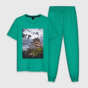 Мужская пижама хлопок с принтом Старинный Замок В Японии в Петрозаводске, 100% хлопок | брюки и футболка прямого кроя, без карманов, на брюках мягкая резинка на поясе и по низу штанин
 | japan | замок | модные | хайп | шмот | япония