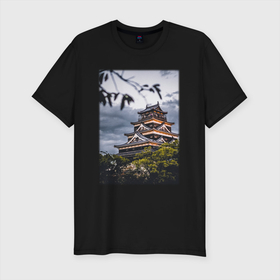 Мужская футболка хлопок Slim с принтом Старинный Замок В Японии в Санкт-Петербурге, 92% хлопок, 8% лайкра | приталенный силуэт, круглый вырез ворота, длина до линии бедра, короткий рукав | japan | замок | модные | хайп | шмот | япония