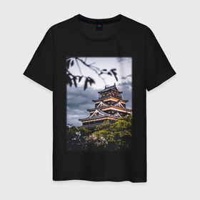 Мужская футболка хлопок с принтом Старинный Замок В Японии в Новосибирске, 100% хлопок | прямой крой, круглый вырез горловины, длина до линии бедер, слегка спущенное плечо. | japan | замок | модные | хайп | шмот | япония