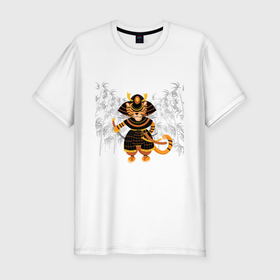 Мужская футболка хлопок Slim с принтом Тигр самурай с двумя мечами на фоне бамбука , 92% хлопок, 8% лайкра | приталенный силуэт, круглый вырез ворота, длина до линии бедра, короткий рукав | бамбук | большая кошка | воин | дикий | меч | мультяшный стиль | оранжевый | персонаж | плоский стиль | самурай | самурайский | серый | тигр | традиционный | черный | япония | японский