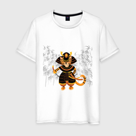 Мужская футболка хлопок с принтом Тигр самурай с двумя мечами на фоне бамбука , 100% хлопок | прямой крой, круглый вырез горловины, длина до линии бедер, слегка спущенное плечо. | бамбук | большая кошка | воин | дикий | меч | мультяшный стиль | оранжевый | персонаж | плоский стиль | самурай | самурайский | серый | тигр | традиционный | черный | япония | японский