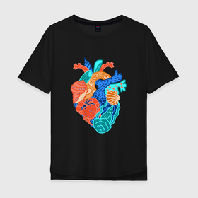 Мужская футболка хлопок Oversize с принтом Сердце там где море в Белгороде, 100% хлопок | свободный крой, круглый ворот, “спинка” длиннее передней части | бирюзовый | корал | краб | красный | лето | медуза | море | морской | обитатели | оранжевый | отпуск | плоский стиль | подводный | ракушка | риф | сердце | синий