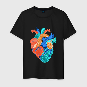 Мужская футболка хлопок с принтом Сердце там где море в Новосибирске, 100% хлопок | прямой крой, круглый вырез горловины, длина до линии бедер, слегка спущенное плечо. | бирюзовый | корал | краб | красный | лето | медуза | море | морской | обитатели | оранжевый | отпуск | плоский стиль | подводный | ракушка | риф | сердце | синий