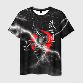 Мужская футболка 3D с принтом Самурай Бусидо Иероглифы Samurai Lightning , 100% полиэфир | прямой крой, круглый вырез горловины, длина до линии бедер | bushido | grunge | sun | боевые | брызги | гранж | закат | искусства | краски | кровь | молния | полосы | потертости | ронин | самурай | солнце