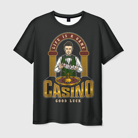 Мужская футболка 3D с принтом Крупье (КАЗИНО) в Белгороде, 100% полиэфир | прямой крой, круглый вырез горловины, длина до линии бедер | 777 | cards | casino | game | jackpot | joker | omaha | poker | roulette | straight | texas holdem | азарт | деньги | джекпот | джокер | игра | казино | карточные масти | карты | куш | масти | омаха | покер | рулетка | стрит | техасский холдэм