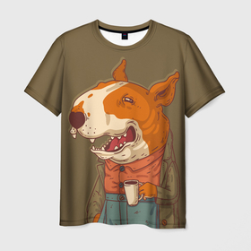 Мужская футболка 3D с принтом Кофе брейк с бультерьером в Кировске, 100% полиэфир | прямой крой, круглый вырез горловины, длина до линии бедер | Тематика изображения на принте: бультерьер | животное | кофе брейк | порода | собака