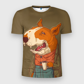 Мужская футболка 3D Slim с принтом Кофе брейк с бультерьером , 100% полиэстер с улучшенными характеристиками | приталенный силуэт, круглая горловина, широкие плечи, сужается к линии бедра | бультерьер | животное | кофе брейк | порода | собака